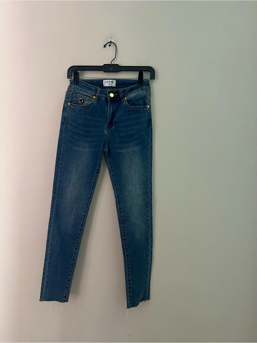 CHANEL Women's Blue Skinny Jeans with Gold-Tone Studs